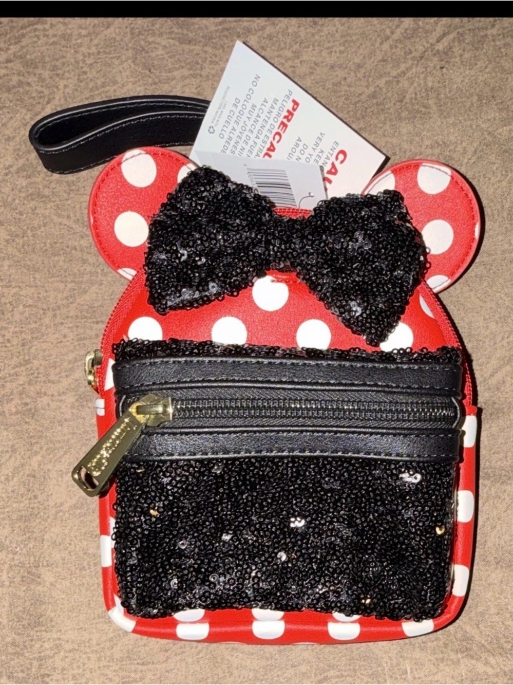 Disney loungefly Red Polka Dot Minnie-Style Crossbody Bag with Black Sequin Bow